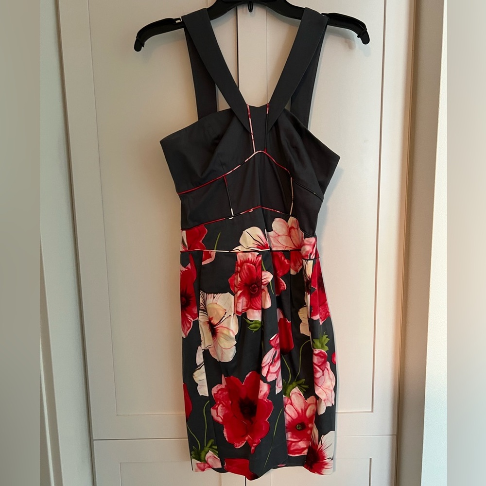Anthropologie dress - grey with pink and red flowers